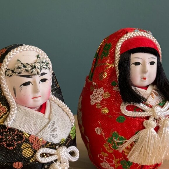 Vintage Japanese Wedding Doll Couple Roly-Poly Hime Daruma Gofun Face 4.5" Tall - Picture 2 of 10